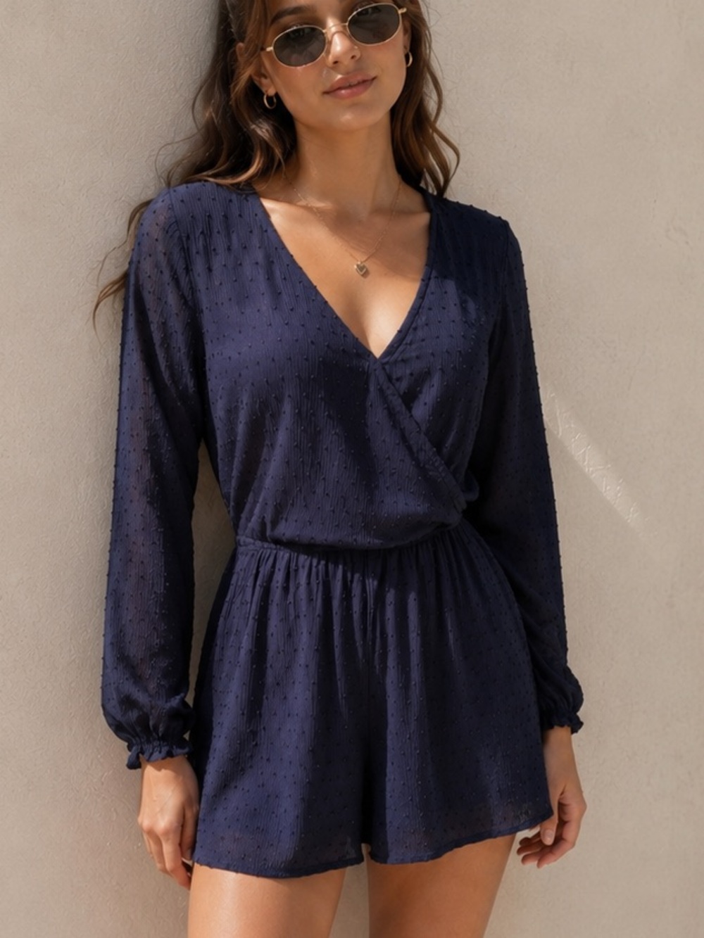 Hollister Navy Swiss Dot Wrap Romper NWT Long Sleeve Flowy Small